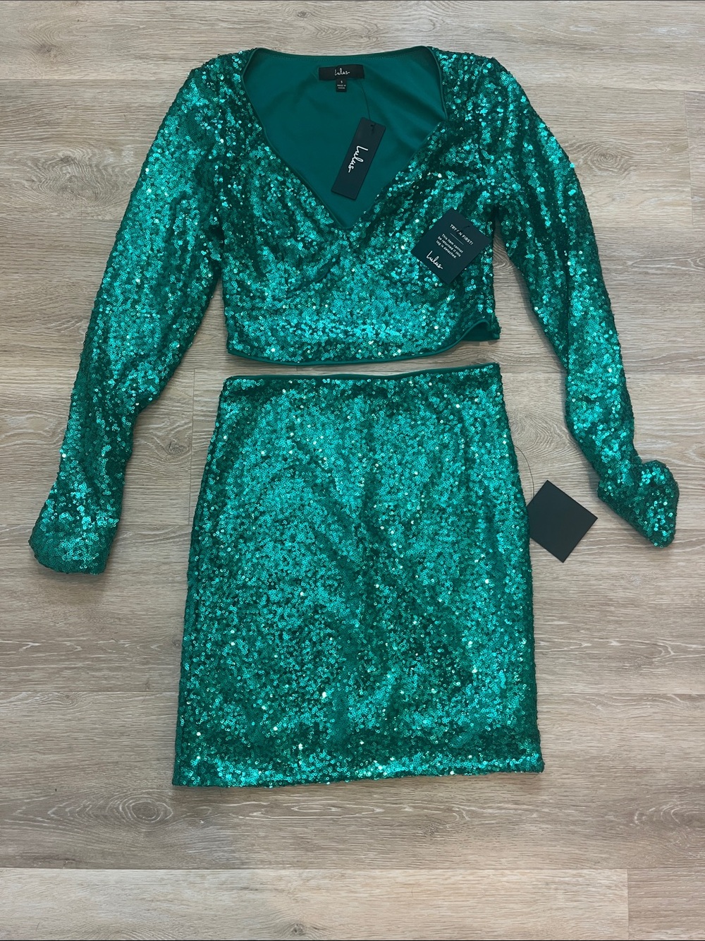 Lulu's Emerald Green Sequin Two-Piece Dress Set